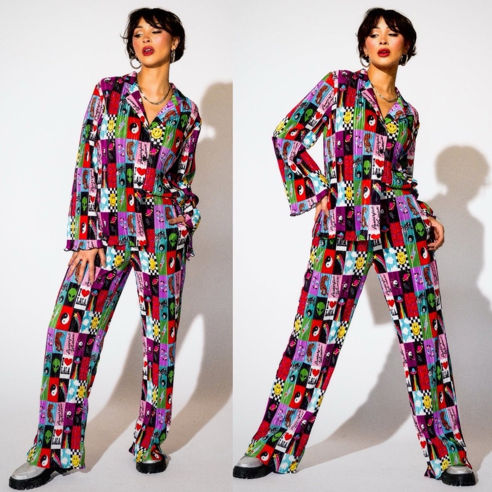 Dressed In Lala Plisse Two Piece Shirt Pants Set Be Yourself Patchwork
